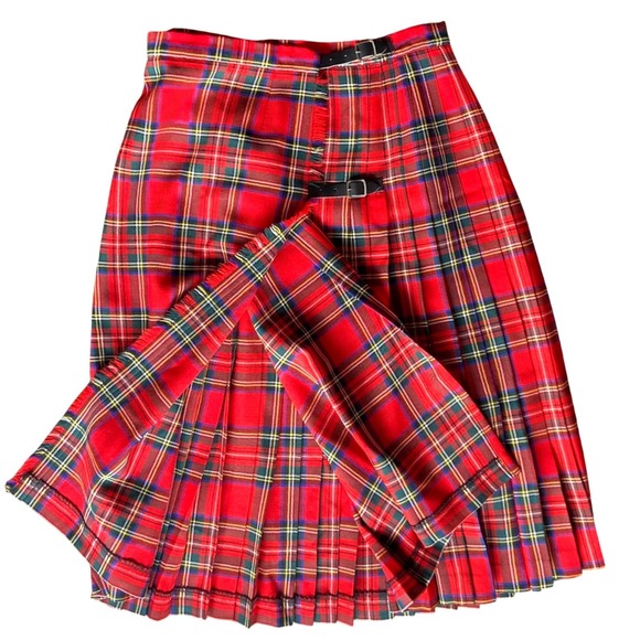 Meigle Dresses & Skirts - Vintage Meigle Kilt Skirt Women Pure Wool Red Plaid Pleated Buckle Made Scotland